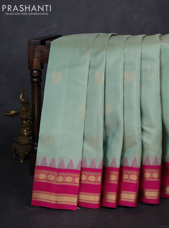 Pure kanchipuram silk saree pastel green and pink with zari woven buttas and temple design rettapet zari woven border