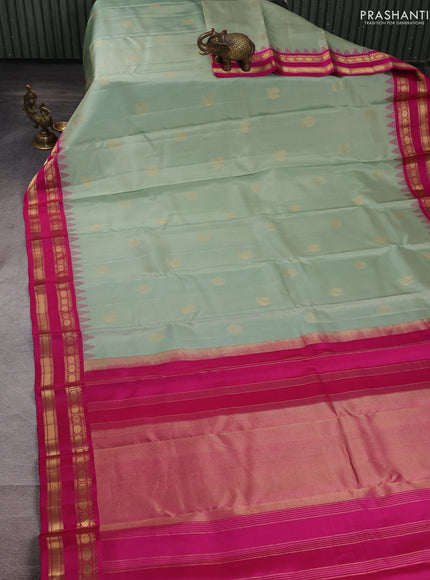 Pure kanchipuram silk saree pastel green and pink with zari woven buttas and temple design rettapet zari woven border