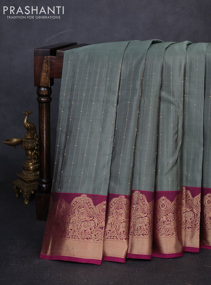 Pure kanchipuram silk saree olive green and pink with allover zari weaves and zari woven border