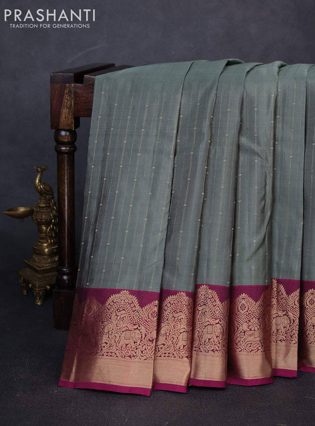 Pure kanchipuram silk saree olive green and pink with allover zari weaves and zari woven border
