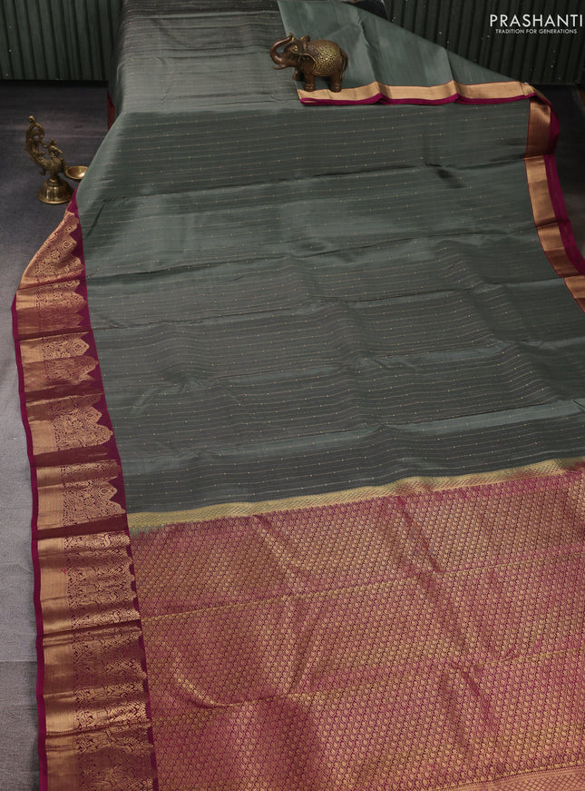 Pure kanchipuram silk saree olive green and pink with allover zari weaves and zari woven border