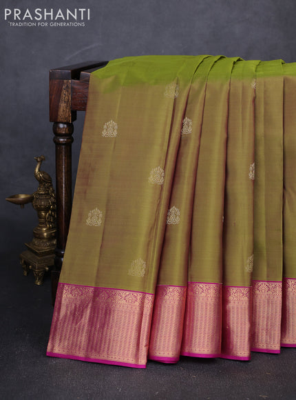 Pure kanchipuram silk saree mehendi green and pink with zari woven buttas and zari woven border
