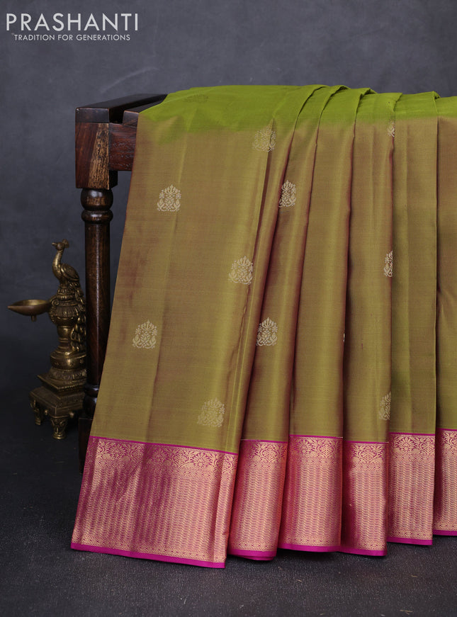 Pure kanchipuram silk saree mehendi green and pink with zari woven buttas and zari woven border