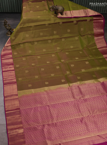 Pure kanchipuram silk saree mehendi green and pink with zari woven buttas and zari woven border