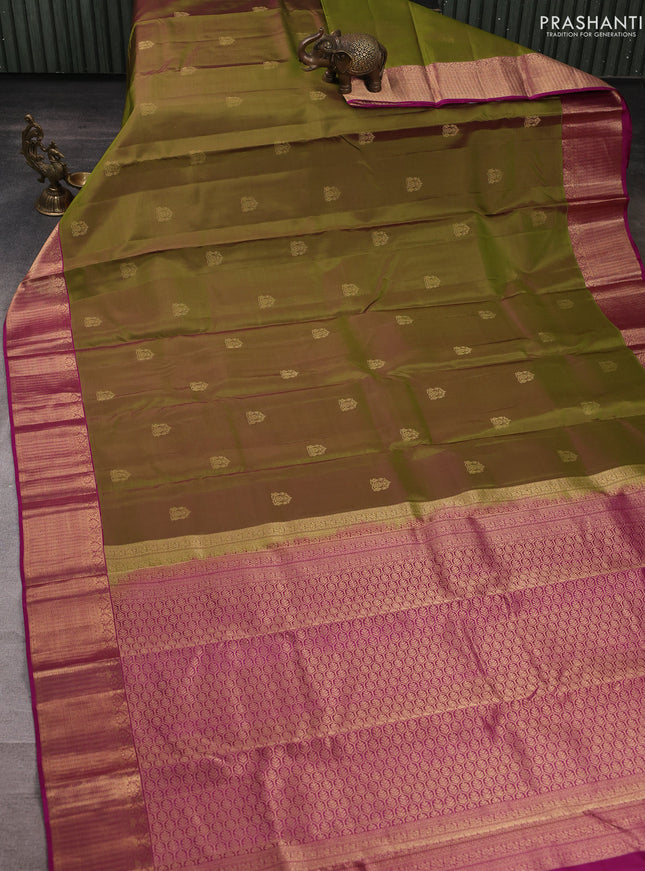 Pure kanchipuram silk saree mehendi green and pink with zari woven buttas and zari woven border