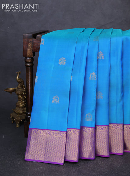 Pure kanchipuram silk saree dual shade of blue and purple with zari woven buttas and zari woven border