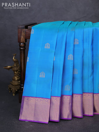 Pure kanchipuram silk saree dual shade of blue and purple with zari woven buttas and zari woven border