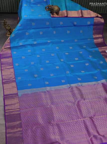 Pure kanchipuram silk saree dual shade of blue and purple with zari woven buttas and zari woven border