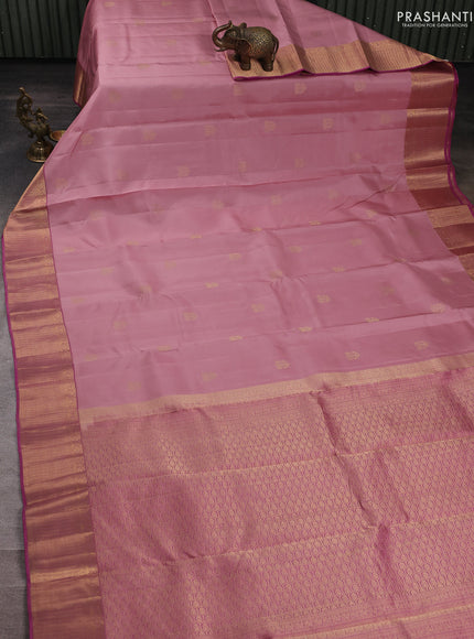 Pure kanchipuram silk saree peach pink and pink with allover zari woven buttas and zari woven border