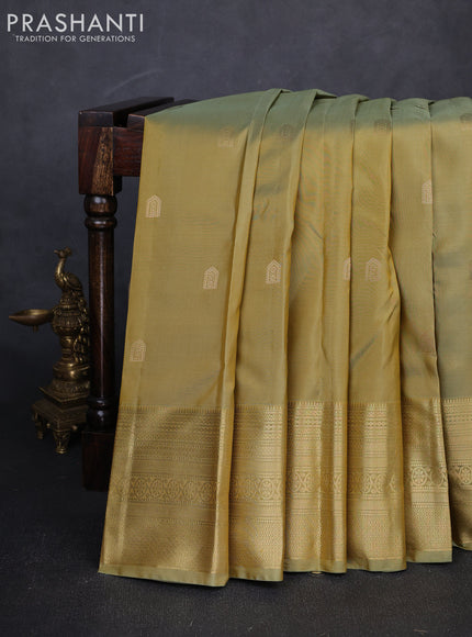 Pure kanchipuram silk saree pastel green and teal blue with zari woven buttas and long zari woven border