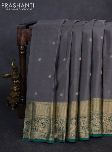 Pure kanchipuram silk saree grey and green with allover zari woven buttas and zari woven borer