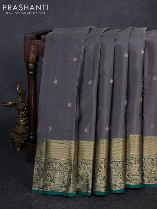 Pure kanchipuram silk saree grey and green with allover zari woven buttas and zari woven borer