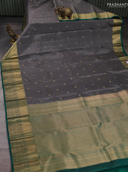 Pure kanchipuram silk saree grey and green with allover zari woven buttas and zari woven borer