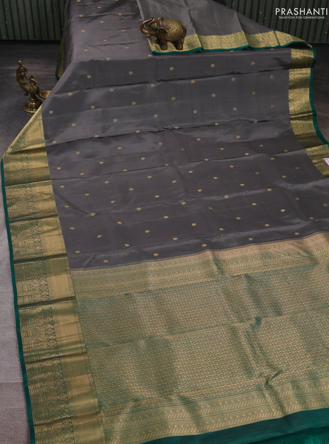 Pure kanchipuram silk saree grey and green with allover zari woven buttas and zari woven borer