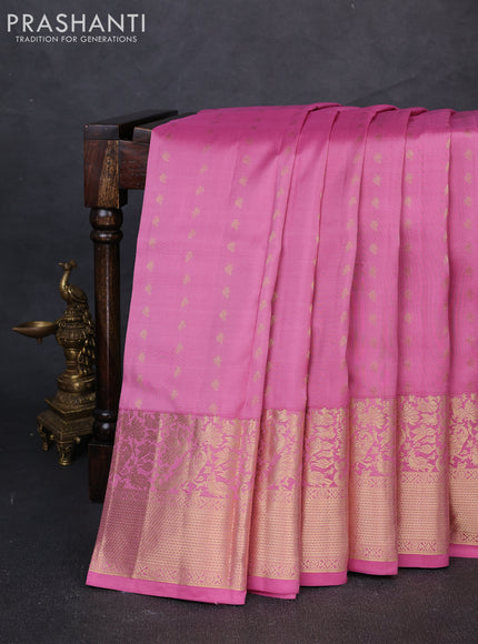 Pure kanchipuram silk saree peach pink with allover zari woven buttas and long zari woven border