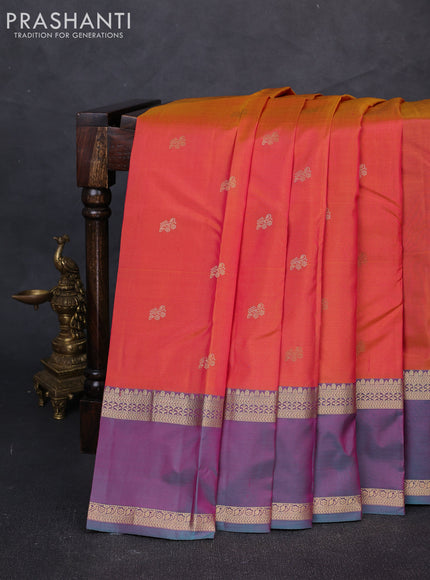 Pure kanchipuram silk saree orange and teal green with zari woven buttas and rettapet zari woven border