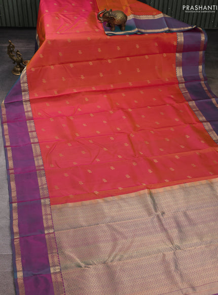 Pure kanchipuram silk saree orange and teal green with zari woven buttas and rettapet zari woven border