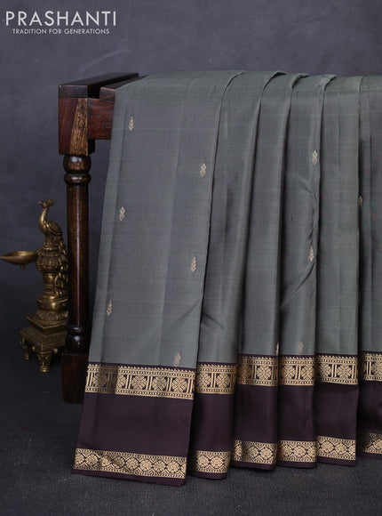 Pure kanchipuram silk saree olive green and coffee brown with zari woven buttas and rettapet zari woven border