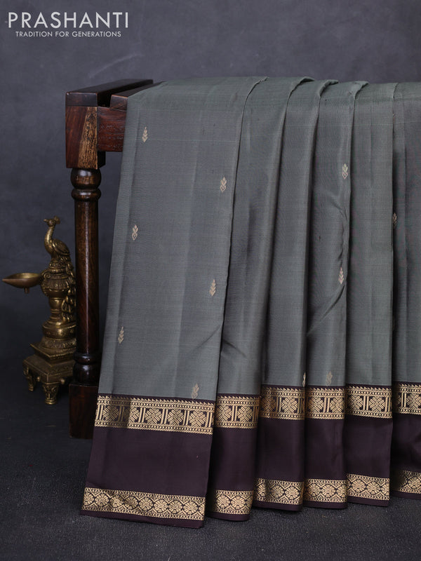 Pure kanchipuram silk saree olive green and coffee brown with zari woven buttas and rettapet zari woven border