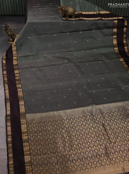 Pure kanchipuram silk saree olive green and coffee brown with zari woven buttas and rettapet zari woven border