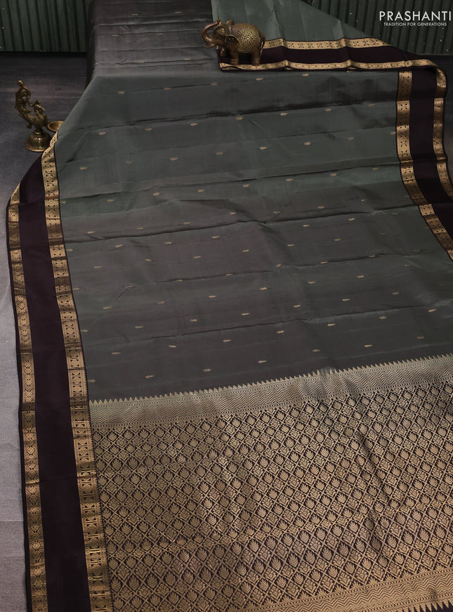 Pure kanchipuram silk saree olive green and coffee brown with zari woven buttas and rettapet zari woven border