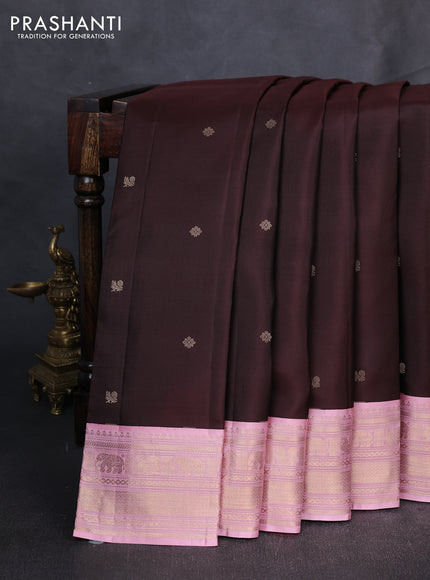 Pure kanchipuram silk saree coffee brown and light pink with zari woven buttas and zari woven korvai border