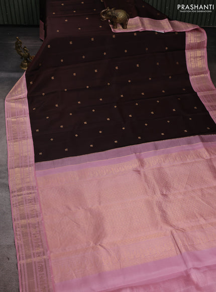 Pure kanchipuram silk saree coffee brown and light pink with zari woven buttas and zari woven korvai border