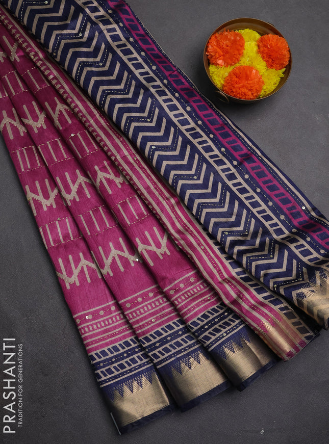 Semi tussar saree pink and dark blue with allover prints & kantha stitch work and zari woven border