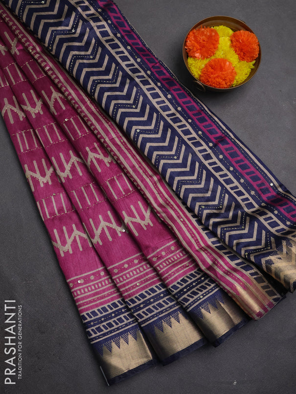 Semi tussar saree pink and dark blue with allover prints & kantha stitch work and zari woven border