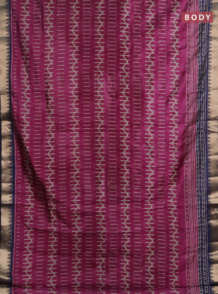 Semi tussar saree pink and dark blue with allover prints & kantha stitch work and zari woven border
