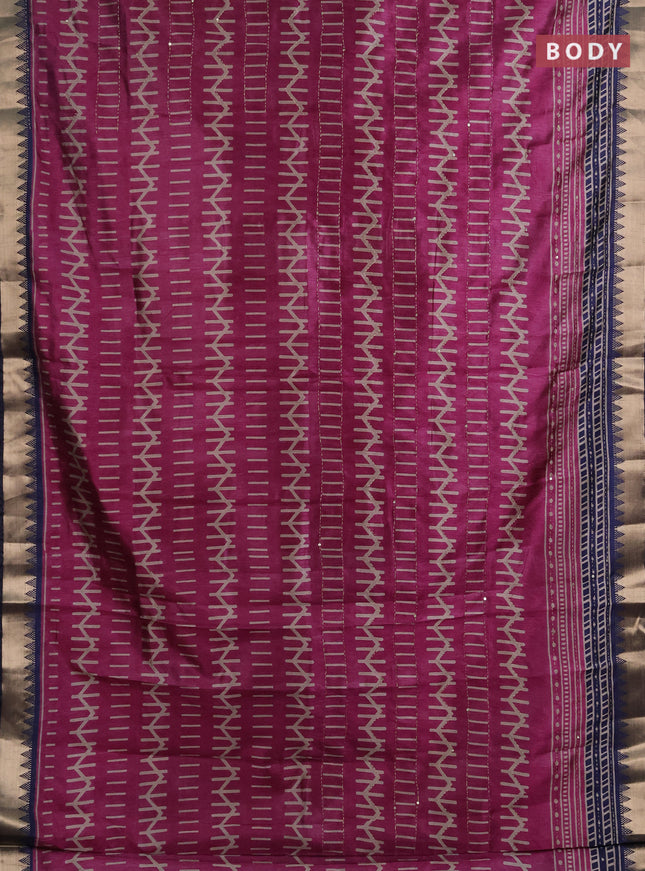 Semi tussar saree pink and dark blue with allover prints & kantha stitch work and zari woven border