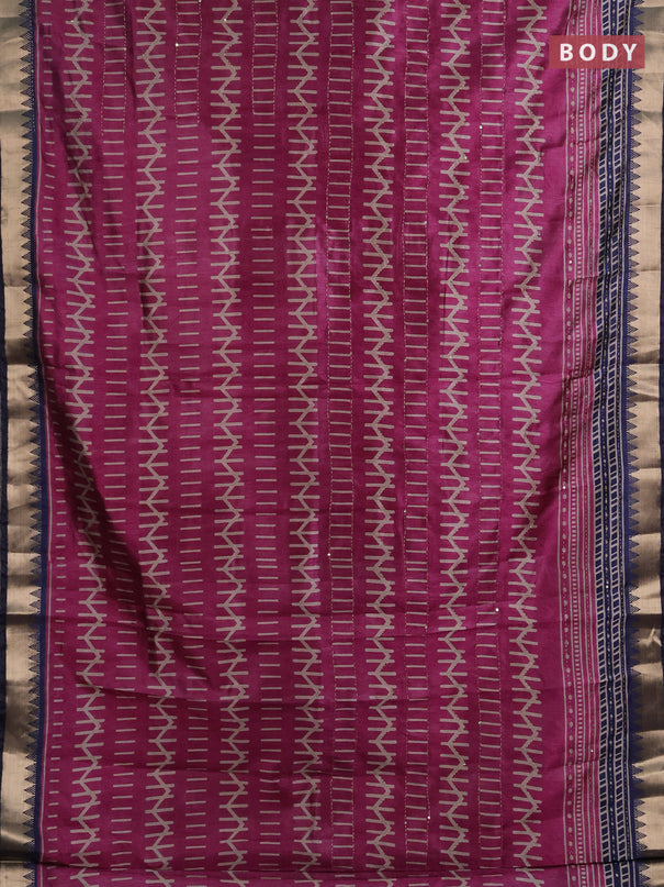 Semi tussar saree pink and dark blue with allover prints & kantha stitch work and zari woven border