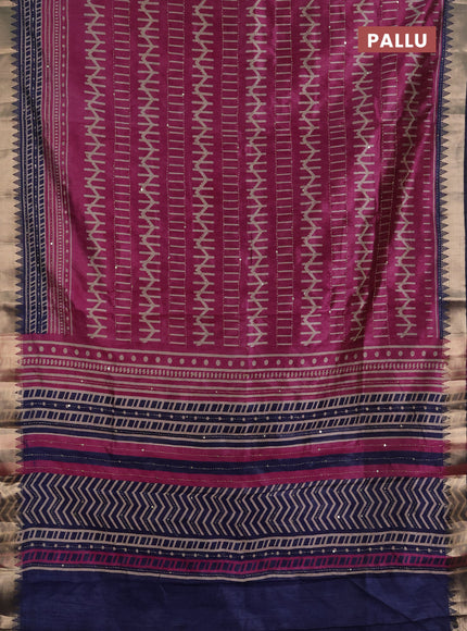 Semi tussar saree pink and dark blue with allover prints & kantha stitch work and zari woven border