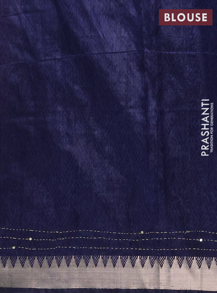 Semi tussar saree pink and dark blue with allover prints & kantha stitch work and zari woven border