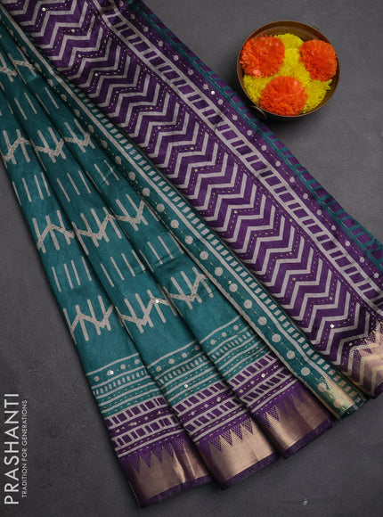 Semi tussar saree teal green and violet with allover prints & kantha stitch work and zari woven border