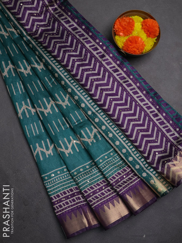 Semi tussar saree teal green and violet with allover prints & kantha stitch work and zari woven border