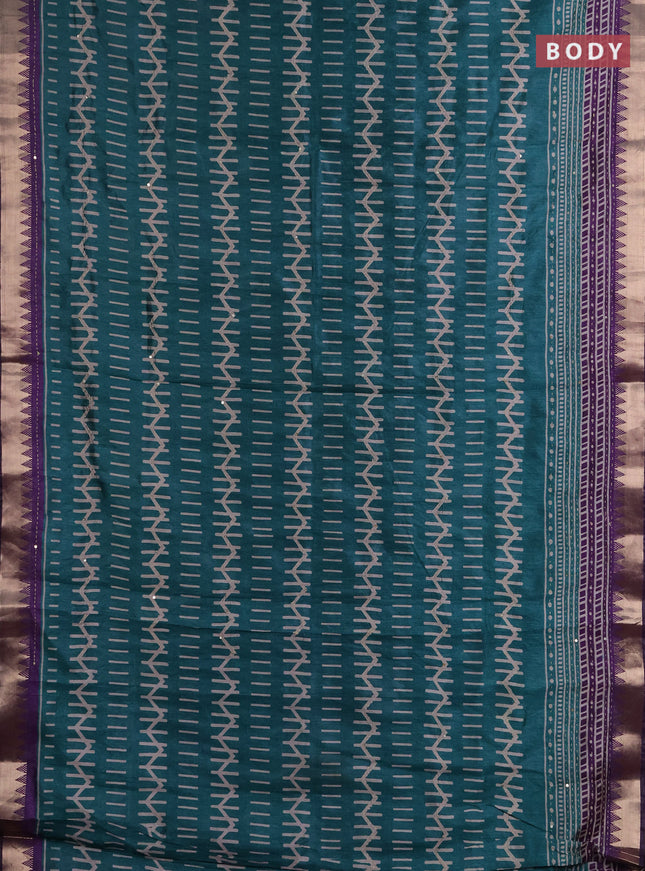 Semi tussar saree teal green and violet with allover prints & kantha stitch work and zari woven border