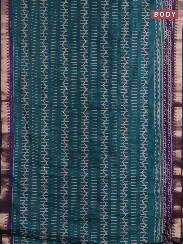 Semi tussar saree teal green and violet with allover prints & kantha stitch work and zari woven border