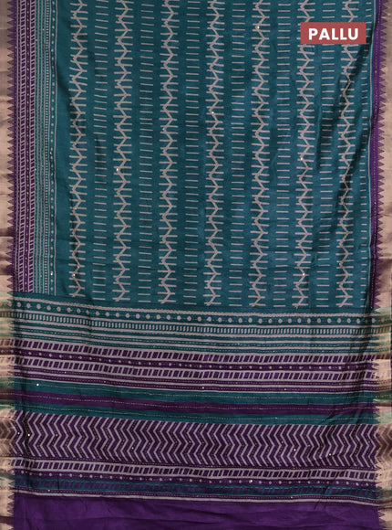 Semi tussar saree teal green and violet with allover prints & kantha stitch work and zari woven border