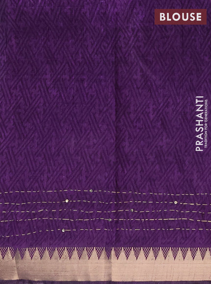 Semi tussar saree teal green and violet with allover prints & kantha stitch work and zari woven border