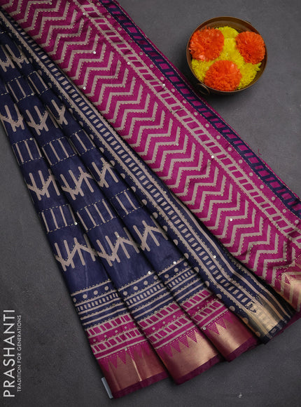 Semi tussar saree navy blue and magenta pink with allover prints & kantha stitch work and zari woven border