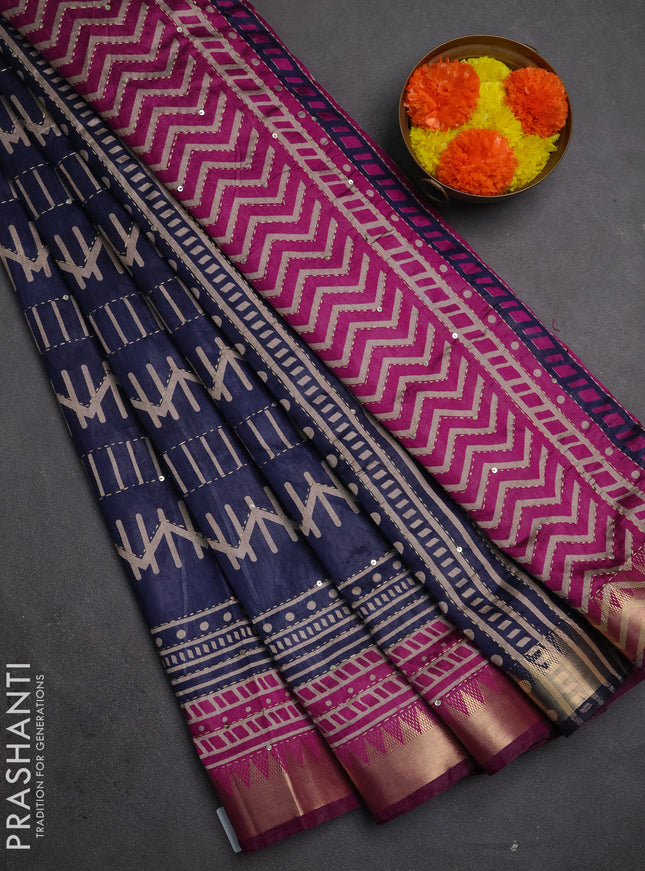 Semi tussar saree navy blue and magenta pink with allover prints & kantha stitch work and zari woven border