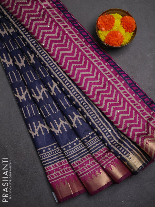 Semi tussar saree navy blue and magenta pink with allover prints & kantha stitch work and zari woven border