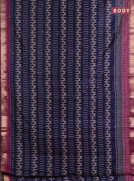 Semi tussar saree navy blue and magenta pink with allover prints & kantha stitch work and zari woven border