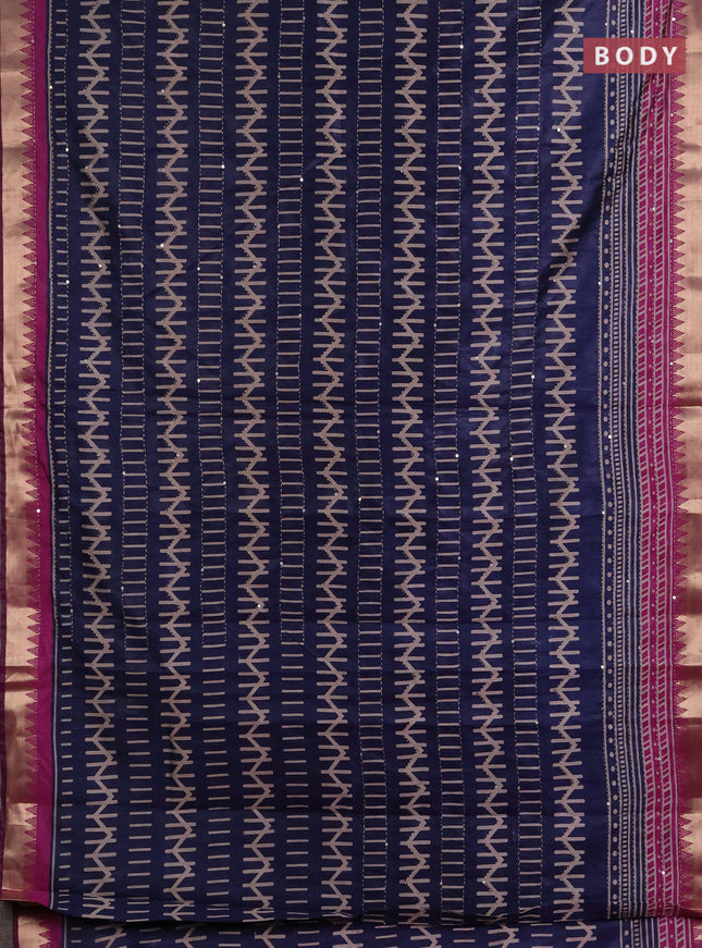 Semi tussar saree navy blue and magenta pink with allover prints & kantha stitch work and zari woven border