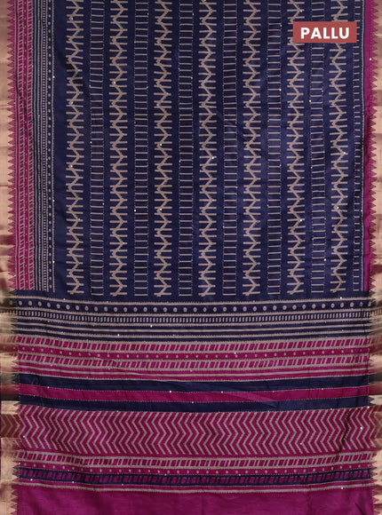 Semi tussar saree navy blue and magenta pink with allover prints & kantha stitch work and zari woven border
