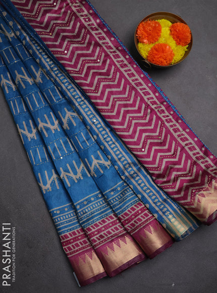 Semi tussar saree cs blue and purple with allover prints & kantha stitch work and zari woven border