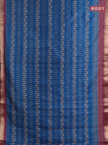 Semi tussar saree cs blue and purple with allover prints & kantha stitch work and zari woven border