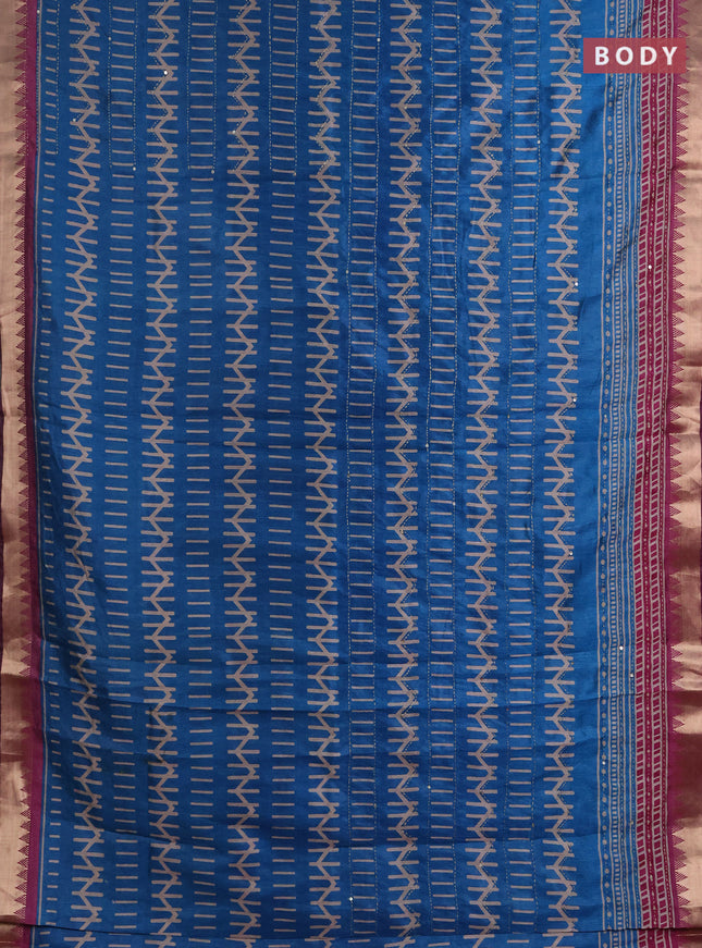 Semi tussar saree cs blue and purple with allover prints & kantha stitch work and zari woven border