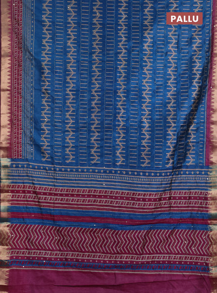 Semi tussar saree cs blue and purple with allover prints & kantha stitch work and zari woven border